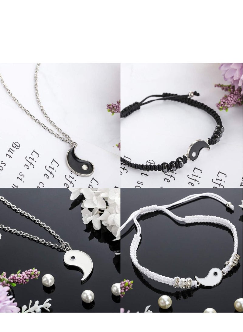 Yin Yang Friend or Couple Bracelet with Necklace Set, 2 Pieces Matching Yin Yang Adjustable Cord Bracelet, 2 Pieces Yin Yang Couple Pendant Necklace Chain for Friendship Boyfriend Girlfriend - Image 2
