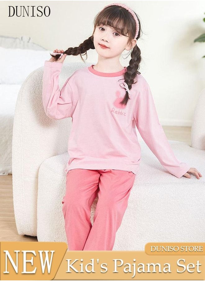 DUNISO 2-Piece Girl's Soft Pajamas Set Long Sleeve Cotton Sleepwear Loungewear Round Neck Nightwear Rabbit Pajama Sets Spring And Autumn Home Wear Long Sleeve Top And Pants Pink  - Image 1