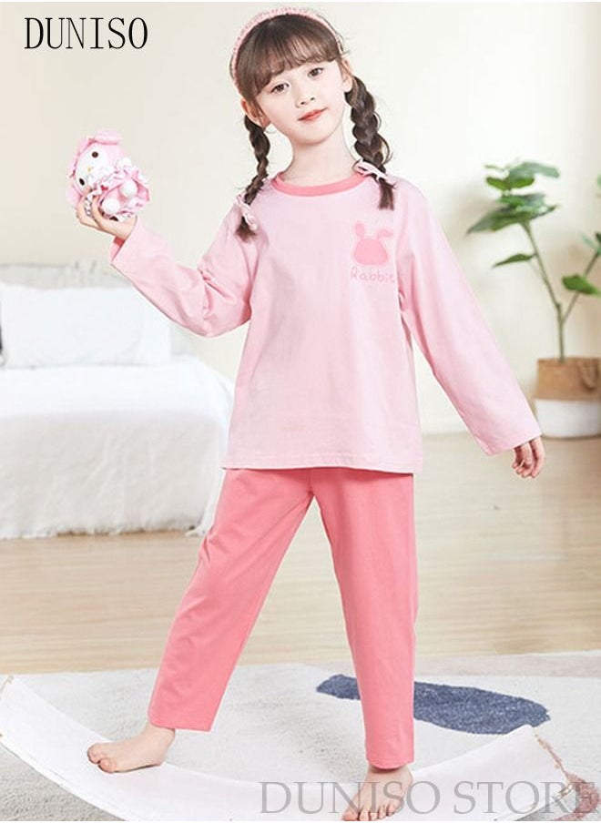 DUNISO 2-Piece Girl's Soft Pajamas Set Long Sleeve Cotton Sleepwear Loungewear Round Neck Nightwear Rabbit Pajama Sets Spring And Autumn Home Wear Long Sleeve Top And Pants Pink  - Image 2