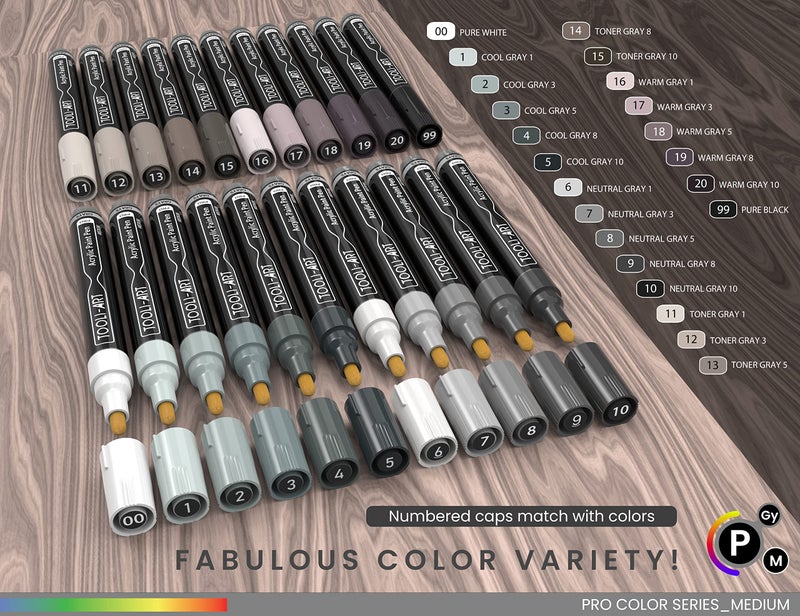 TOOLI-ART 22 Acrylic Paint Markers Paint Pens Pro Color Series Set 3mm Medium Tip for Rock Painting, Glass, Mugs, Wood, Metal, Glass Paint, Canvas, DIY. Non Toxic, Waterbased, Quick Drying (GRAYS) - Image 5