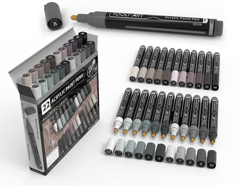TOOLI-ART 22 Acrylic Paint Markers Paint Pens Pro Color Series Set 3mm Medium Tip for Rock Painting, Glass, Mugs, Wood, Metal, Glass Paint, Canvas, DIY. Non Toxic, Waterbased, Quick Drying (GRAYS) - Image 1