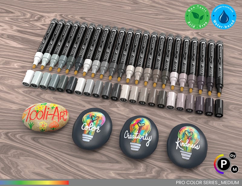 TOOLI-ART 22 Acrylic Paint Markers Paint Pens Pro Color Series Set 3mm Medium Tip for Rock Painting, Glass, Mugs, Wood, Metal, Glass Paint, Canvas, DIY. Non Toxic, Waterbased, Quick Drying (GRAYS) - Image 2