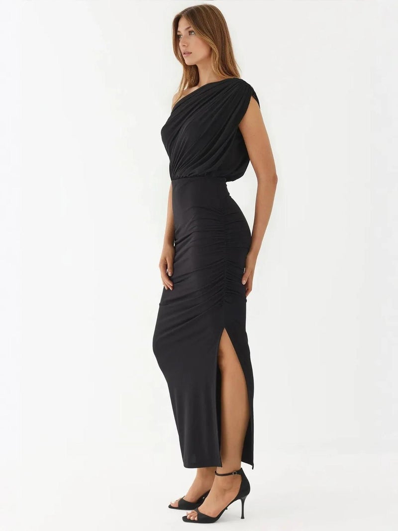 HICCUP Slit Detailed Asymmetrical Collar Elastic Midi Wrap Dress - Image 2