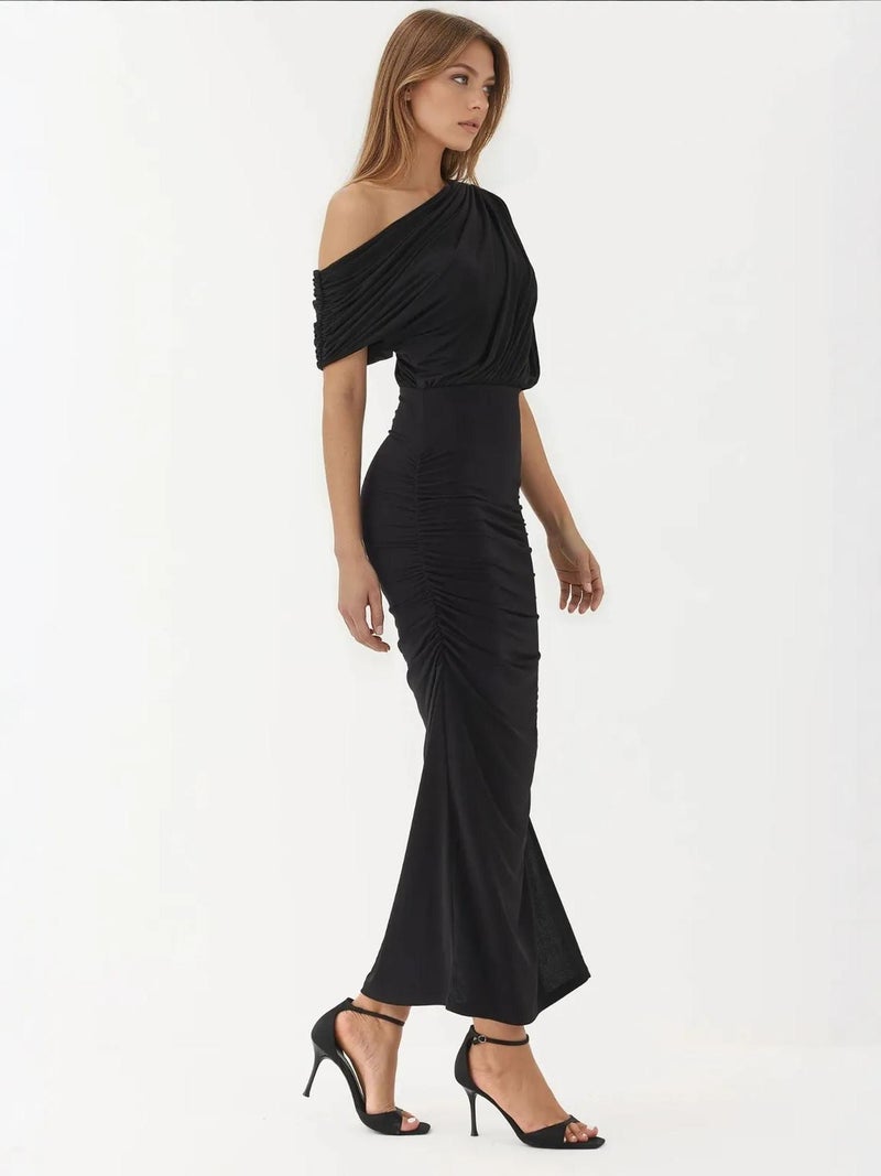 HICCUP Slit Detailed Asymmetrical Collar Elastic Midi Wrap Dress - Image 5