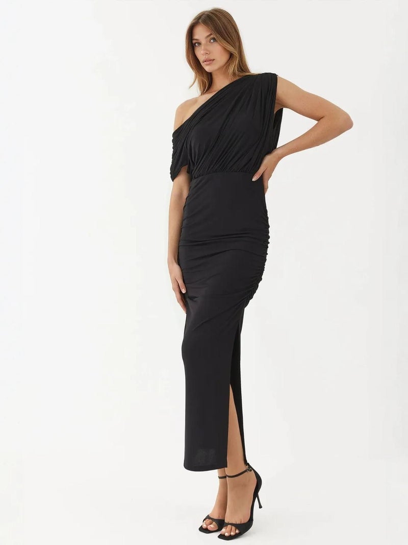 HICCUP Slit Detailed Asymmetrical Collar Elastic Midi Wrap Dress - Image 1