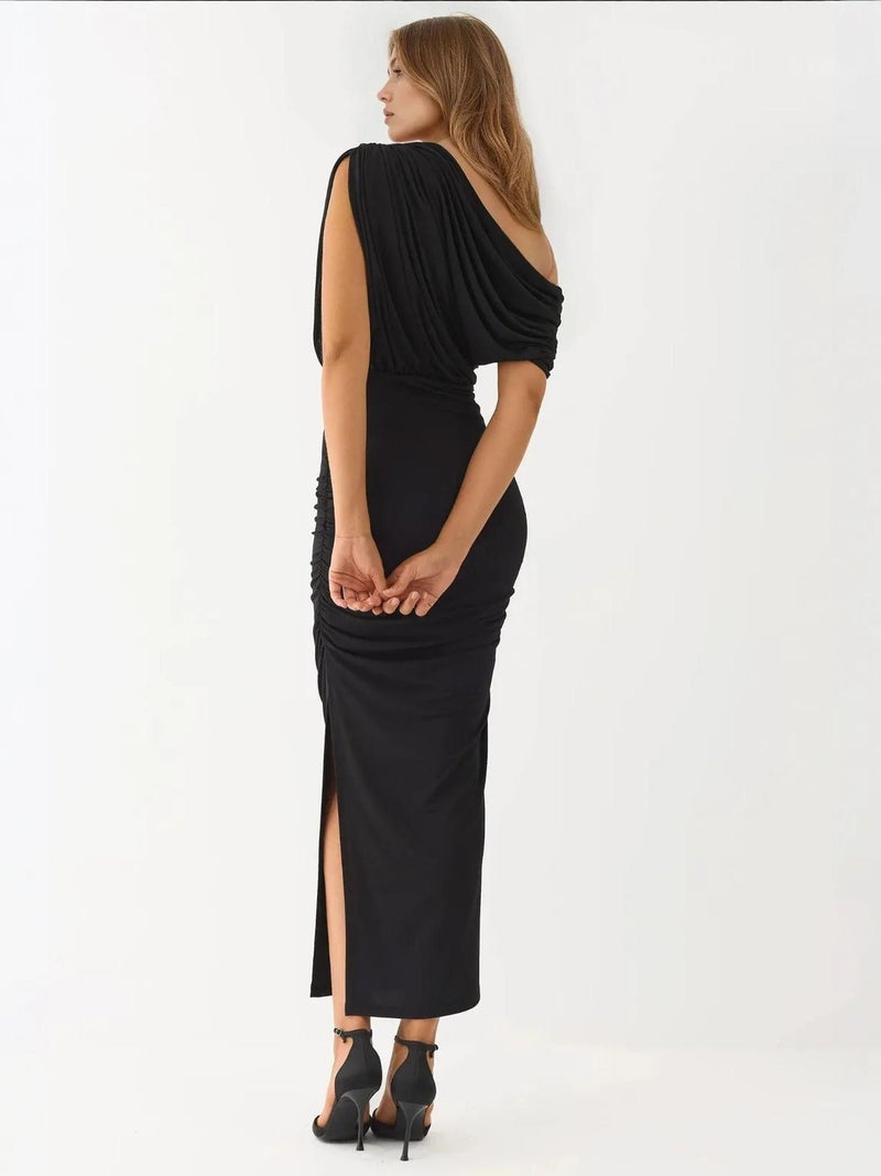 HICCUP Slit Detailed Asymmetrical Collar Elastic Midi Wrap Dress - Image 3