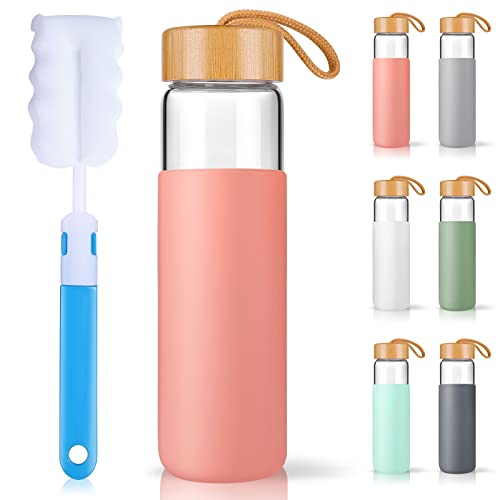 Yomious 25 Oz Glass Water Bottle with Bamboo Lid  Borosilicate Glass Water Bottles with Sleeve Wide Mouth and Dishwasher Safe Water Bottle Glass  Bonus 1x Brush