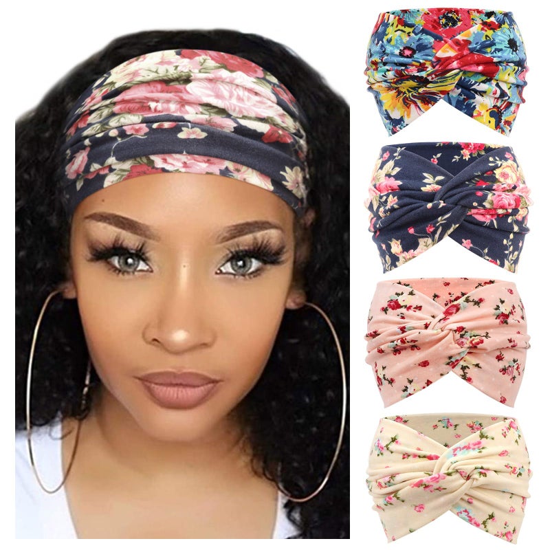 DRESHOW 4 Pack Turban Headbands for Women Wide Vintage Head Wraps Knotted Cute Hair Band Accessories - Image 1