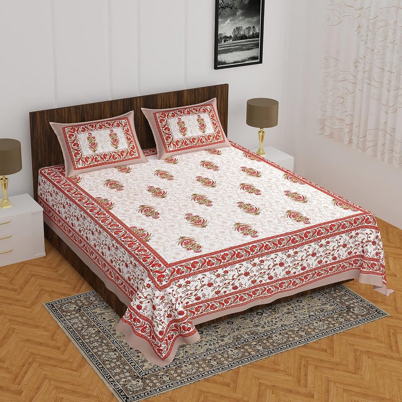 EarlyMart Cotton Rajasthani Jaipuri Traditional Floral King Size Double Bedsheet with 2 Pillow Covers Brown - Image 2