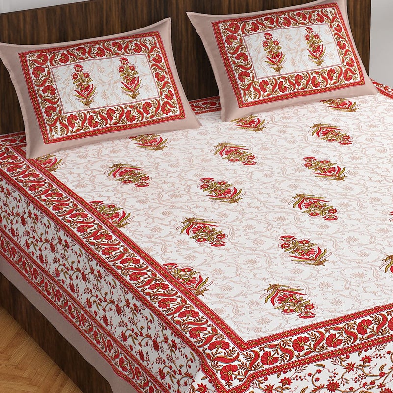 EarlyMart Cotton Rajasthani Jaipuri Traditional Floral King Size Double Bedsheet with 2 Pillow Covers Brown - Image 1