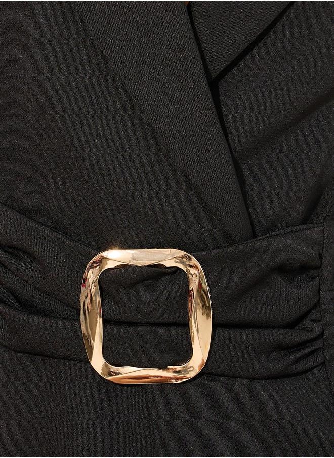 Styli non stretch fabric sleeveless wide leg fit jumpsuit with collar and lapel and gold belt buckle  - Image 3