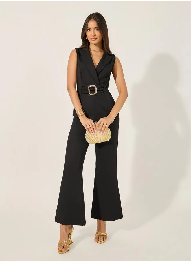 ستايلي non stretch fabric sleeveless wide leg fit jumpsuit with collar and lapel and gold belt buckle