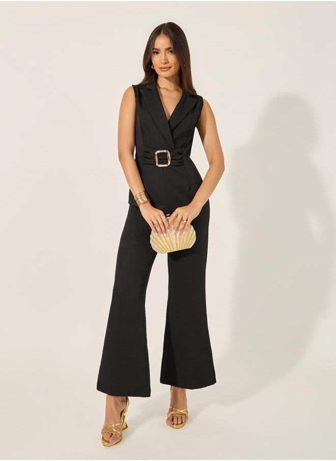 Styli non stretch fabric sleeveless wide leg fit jumpsuit with collar and lapel and gold belt buckle  - Image 1