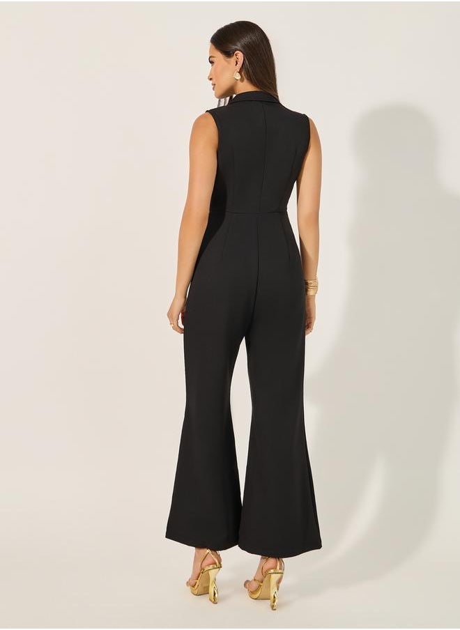 Styli non stretch fabric sleeveless wide leg fit jumpsuit with collar and lapel and gold belt buckle  - Image 4