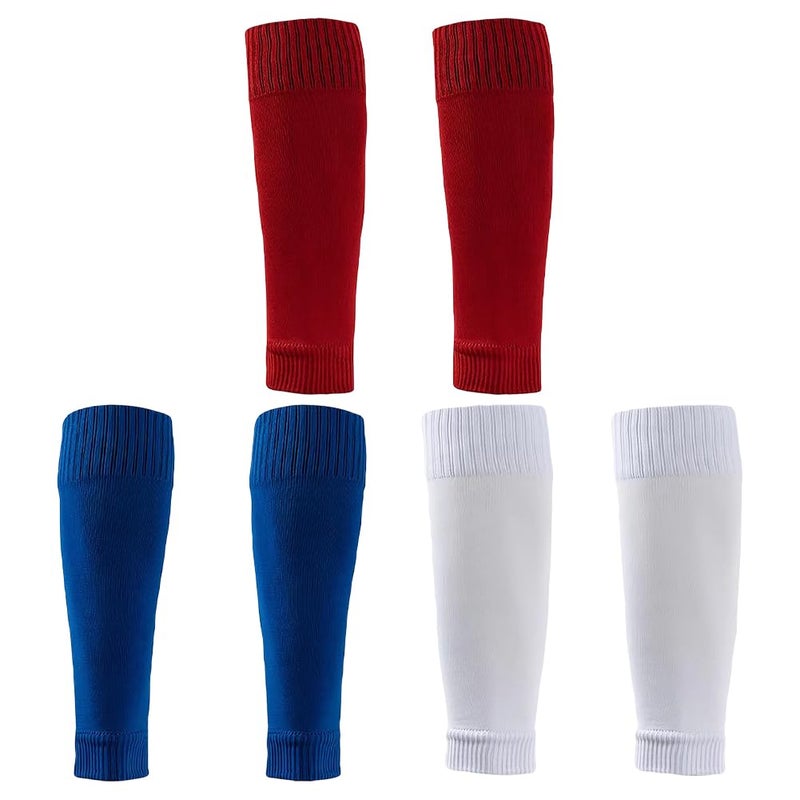 GSHLLO 3 Pairs Unisex Football Sock Sleeves Soccer Shin Guards Non Slip Team Leg Sock Training Shin Pad Sleeves for Kids White Red Royal Blue