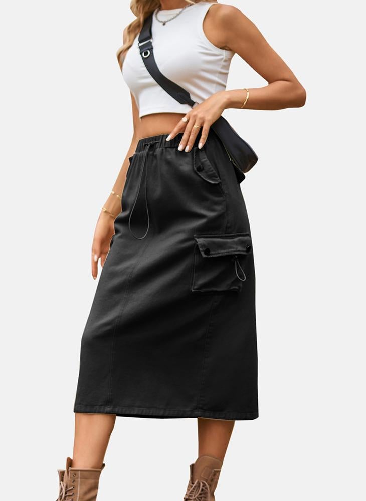 YUNIQEE Black Mid Rise Plain Midi Skirt - Image 3