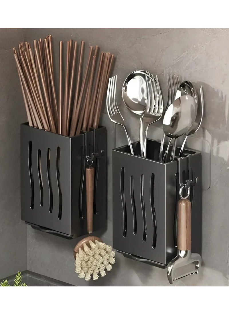 Cozy Nest 2 Multifunctional Cutlery Spoon Holder Storage Stand with Draining Tray Wall-Mounted Freestanding Utensil Rack Organizer Thickened ABS Material for Kitchen (Black, 8.5x6.6x12.5 CM)  - Image 2