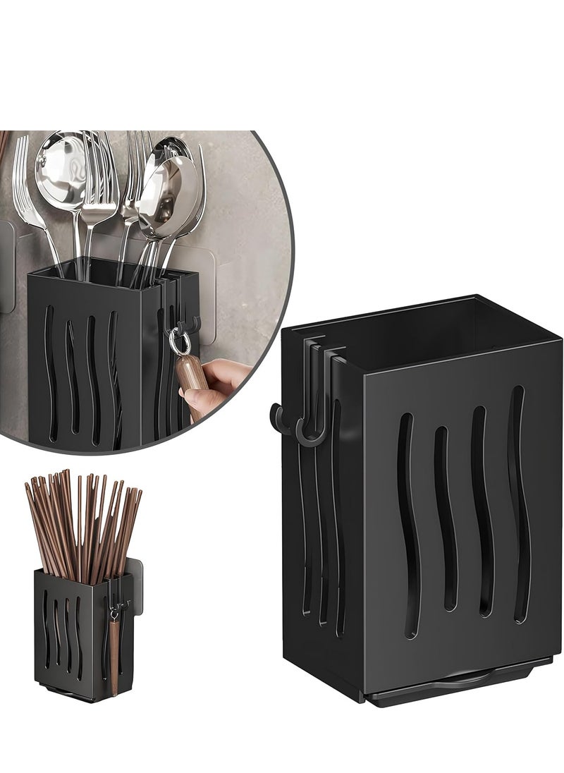 Cozy Nest 2 Multifunctional Cutlery Spoon Holder Storage Stand with Draining Tray Wall-Mounted Freestanding Utensil Rack Organizer Thickened ABS Material for Kitchen (Black, 8.5x6.6x12.5 CM)  - Image 5
