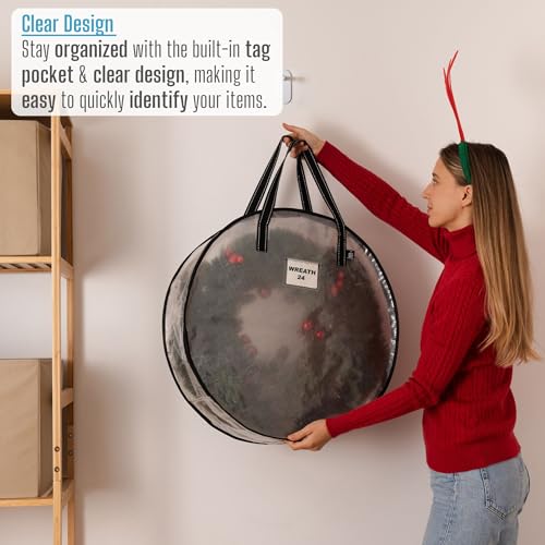 VENO 2 Pack Front Door Wreath Storage Container For Summer - 24 Inch Clear Wreath Bag, Christmas Garland Decoration Organizers with Zipper and Durable Handles (Clear, 24"-2 Pack) - Image 3