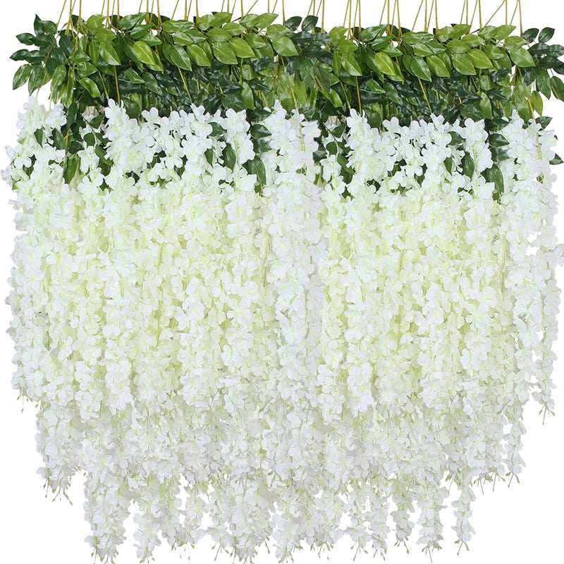 WONICE Artificial Wisteria Hanging Flowers, Fake Wisteria Flower Garland Silk Vines Rattan String Decor for Home Wedding Arch Wall Garden Greenery Bedroom Outdoor Office Party Decoration (12, White) - Image 1