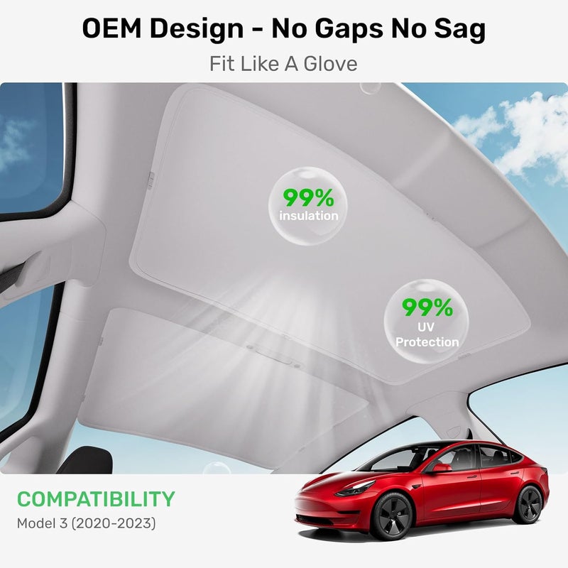 Zanch 2024 Upgrade Tesla Model 3 Sunshade Roof [No-Sag, Sun Protection] Tesla Model 3 Accessories 2024 Heat Insulation Foldable Roof Sun Shade for Model 3 2020-2023 - Gen 3 Gray - Image 2