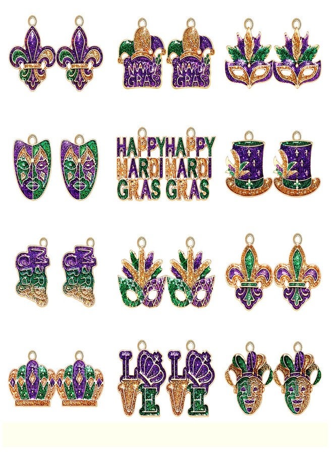 PHALIN 24/32PCS Mardi Gras Charms for Jewelry Making, Carnival Bracelet Making - Glittery Enamel Mask Fleur De Lis Jester Hat Pendant Charms for DIY Mardi Gras Accessory Crafts Gifts (24PCS) - Image 1
