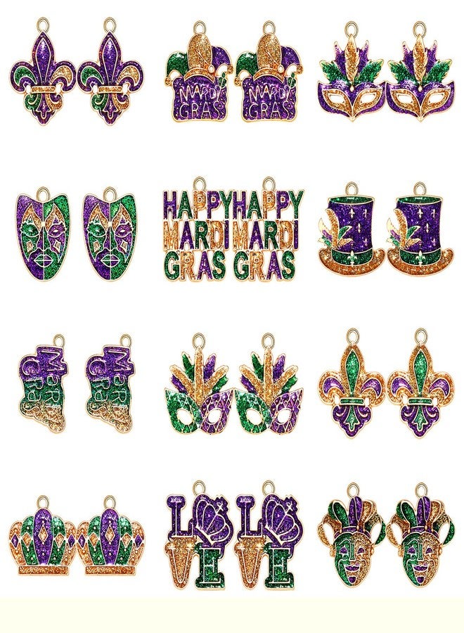 PHALIN 24/32PCS Mardi Gras Charms for Jewelry Making, Carnival Bracelet Making - Glittery Enamel Mask Fleur De Lis Jester Hat Pendant Charms for DIY Mardi Gras Accessory Crafts Gifts (24PCS) - Image 2