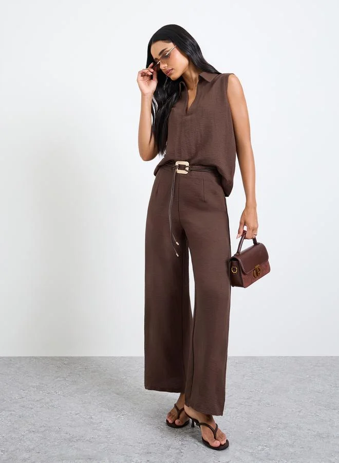 تايك تو Brown Open Collar Top and Pants Co-Ords Set