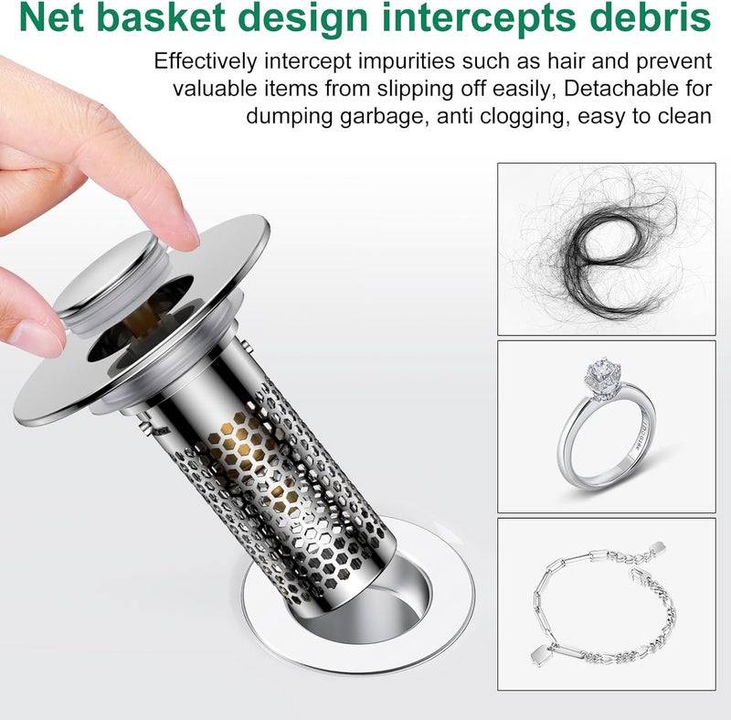Mengine ​Bathroom Sink Drain Strainer,Pop-Up Sink Stopper Hair Catcher, Anti-Clog Stainless Steel Drain Filter Basket, Removable Sink Drain for Bathroom Sink Stopper Replacement (Silver-1) - Image 5