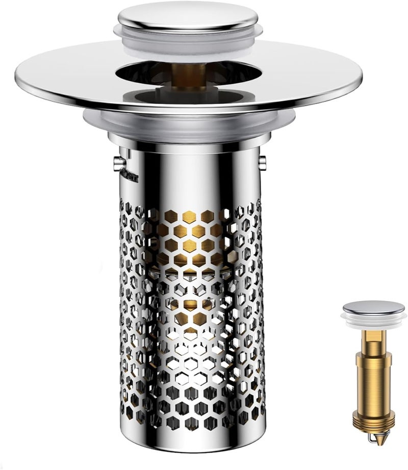 Mengine ​Bathroom Sink Drain Strainer,Pop-Up Sink Stopper Hair Catcher, Anti-Clog Stainless Steel Drain Filter Basket, Removable Sink Drain for Bathroom Sink Stopper Replacement (Silver-1) - Image 1