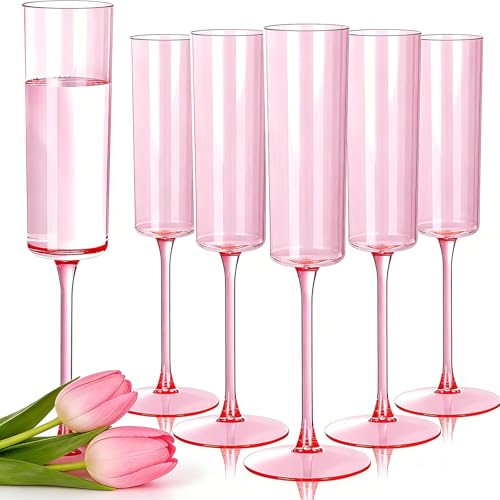 Ciaell 24 Pack Pink Plastic Champagne Flutes - Pink 6 Oz Disposable Champagne Glasses - Square Plastic Toasting Glasses for Party Birthday Anniversary Wedding - Image 1