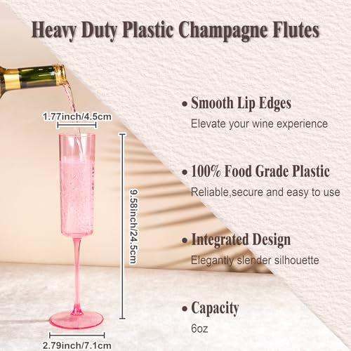 Ciaell 24 Pack Pink Plastic Champagne Flutes - Pink 6 Oz Disposable Champagne Glasses - Square Plastic Toasting Glasses for Party Birthday Anniversary Wedding - Image 2