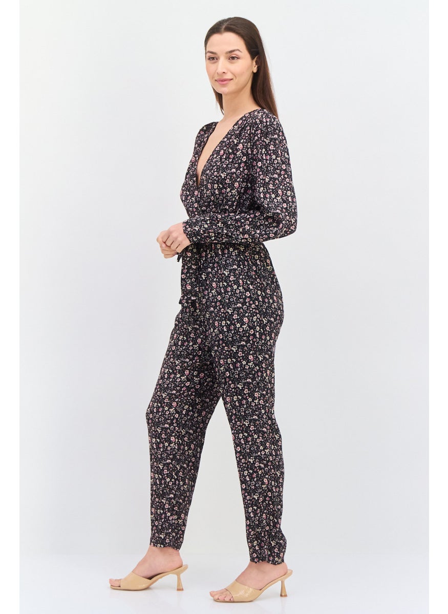 Pepe Jeans Women Floral Print Long Sleeves Belted Jumpsuit, Black Combo  - Image 3