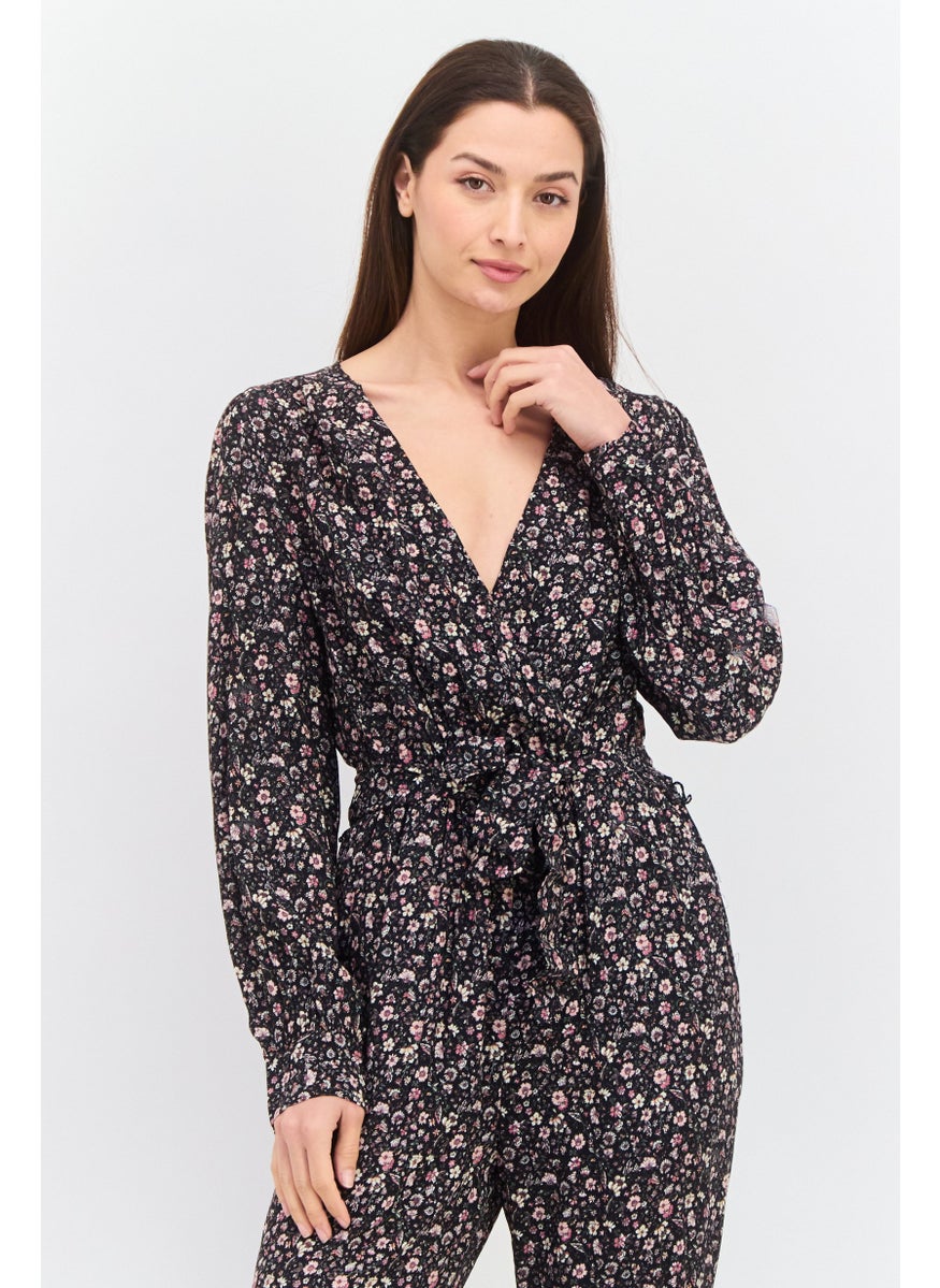 Pepe Jeans Women Floral Print Long Sleeves Belted Jumpsuit, Black Combo  - Image 2