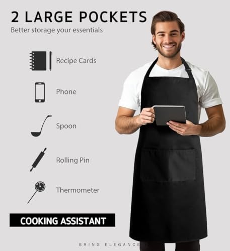 Syntus 2 Pack Adjustable Bib Apron Thicker Version Waterdrop Resistant with 2 Pockets Cooking Kitchen Aprons for Women Men Chef, Black - Image 4