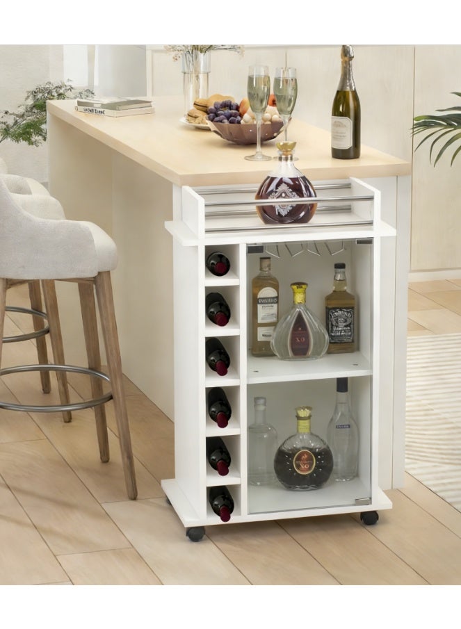 Corner Bar Cabinet Floor Standing Wine Cellar Shelf Bottle Holder for Wine and Liquor Wooden Cellar 6 Places Bottle Holder with Rack for Glass Glasses in Metal (White, JJ003) - Image 2
