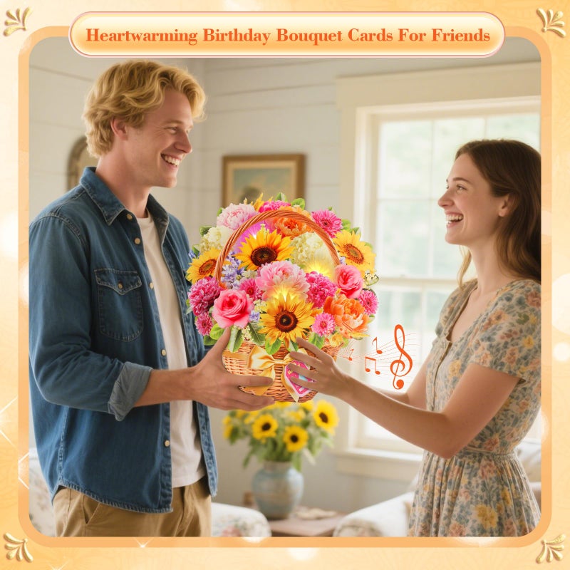 XTF2015 Birthday Cards with MUSIC & LIGHTS, Happy Birthday Card, Peony & Daisy, 11 Inch Life Sized Forever Flower Bouquet 3D Pop Up Music Cards for Mom Daughter Women Wife - Image 4