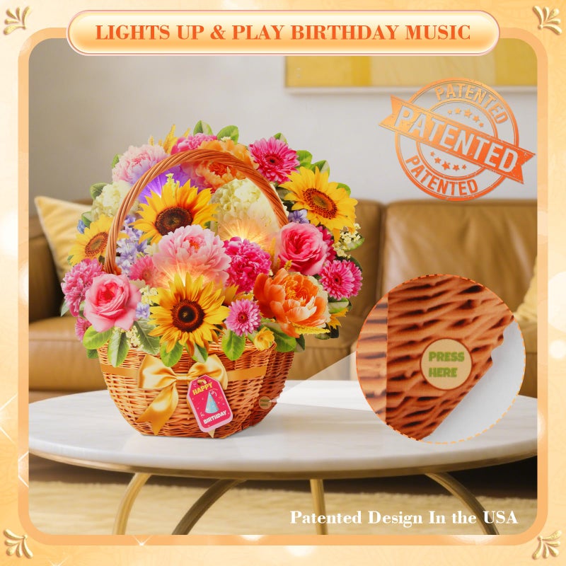 XTF2015 Birthday Cards with MUSIC & LIGHTS, Happy Birthday Card, Peony & Daisy, 11 Inch Life Sized Forever Flower Bouquet 3D Pop Up Music Cards for Mom Daughter Women Wife - Image 2