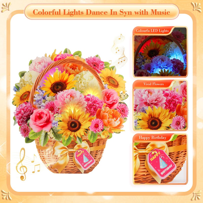 XTF2015 Birthday Cards with MUSIC & LIGHTS, Happy Birthday Card, Peony & Daisy, 11 Inch Life Sized Forever Flower Bouquet 3D Pop Up Music Cards for Mom Daughter Women Wife - Image 3