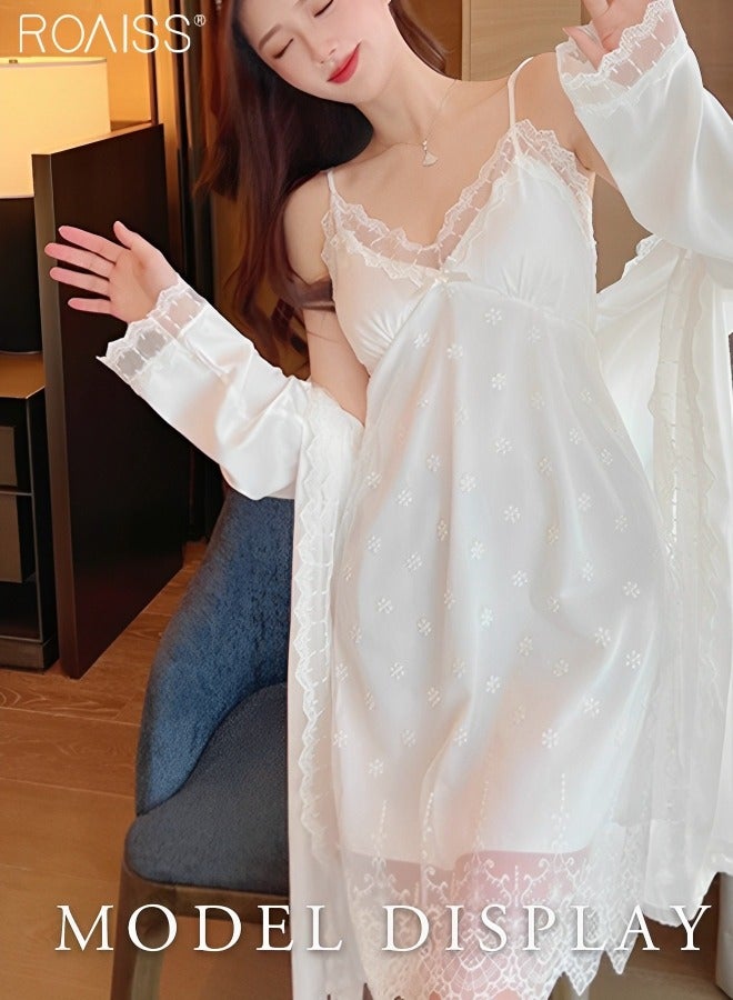 roaiss 2-Piece Women's Satin Lace Nightgown Padded Thin Shoulder Strap Pajama Dress Comfortable and Breathable Long Sleeved Night-Robe White  - Image 5