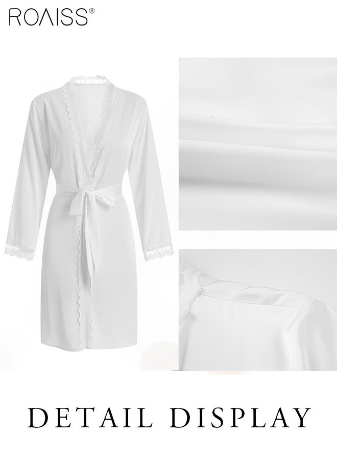 roaiss 2-Piece Women's Satin Lace Nightgown Padded Thin Shoulder Strap Pajama Dress Comfortable and Breathable Long Sleeved Night-Robe  - Image 3