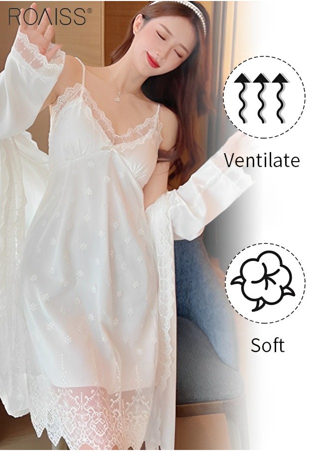 roaiss 2-Piece Women's Satin Lace Nightgown Padded Thin Shoulder Strap Pajama Dress Comfortable and Breathable Long Sleeved Night-Robe  - Image 4