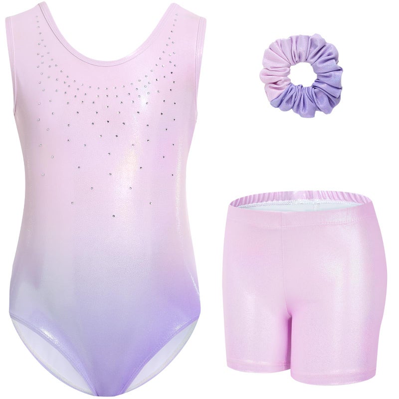 Gogokids Gymnastics Leotards for Girls Sparkly Rhinestone Dance Unitards Biketards with Shorts Activewear, Pink Purple-B, 5-6 Years - Image 1