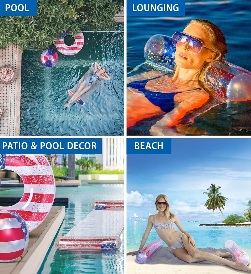 POZA Inflatable USA Pool Float - Luxurious Fun Lounger Filled with Sparkle Silver Stars Confetti, Cool USA Flag Design Water Swimming Pool Floaties for Beach, Lake & Pool - Image 3
