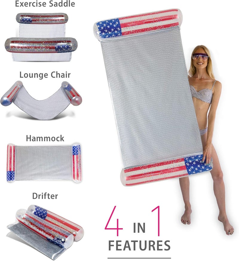 POZA Inflatable USA Pool Float - Luxurious Fun Lounger Filled with Sparkle Silver Stars Confetti, Cool USA Flag Design Water Swimming Pool Floaties for Beach, Lake & Pool - Image 4