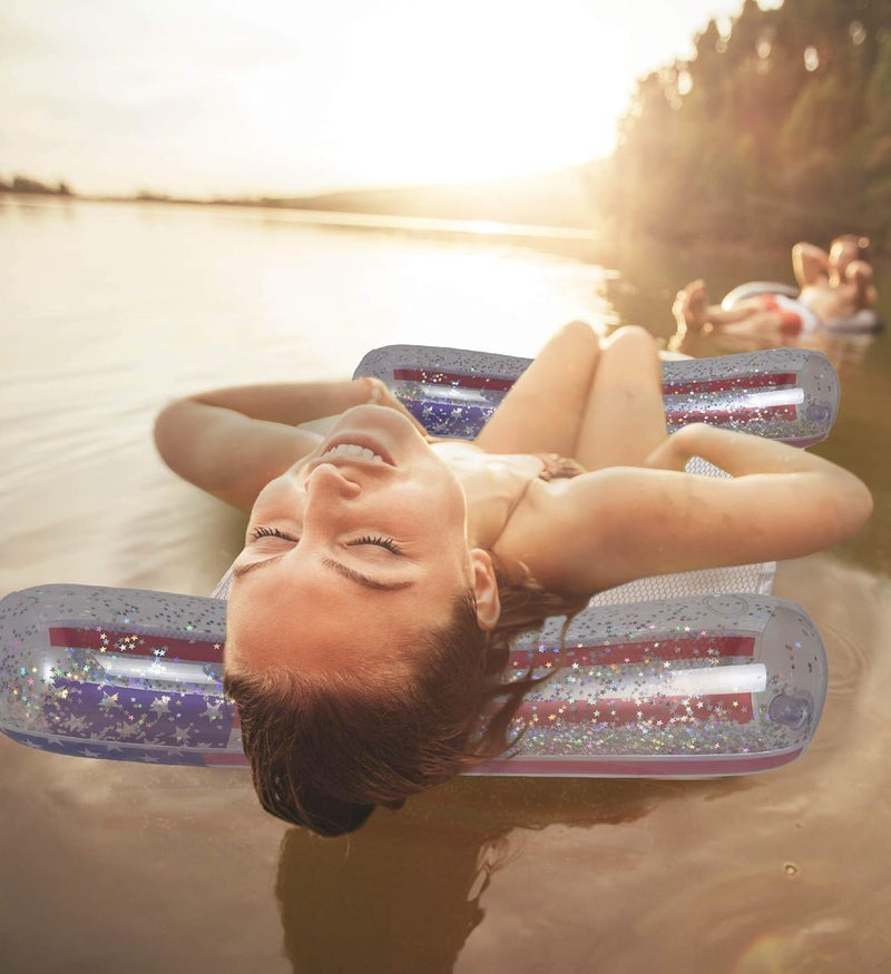POZA Inflatable USA Pool Float - Luxurious Fun Lounger Filled with Sparkle Silver Stars Confetti, Cool USA Flag Design Water Swimming Pool Floaties for Beach, Lake & Pool - Image 5