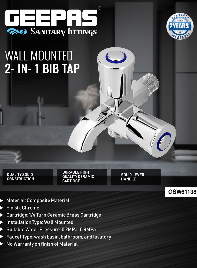 GEEPAS Geepas Wall Mounted 2-IN-1 Bib Tap- GSW61138| Brass Tap with Solid Lever Handle, Suitable for Toilets, Lavatory, Wash Basins, Plumbing Fixtures| Chrome Plated,  Turn Ceramic Brass Cartridge| Thread Pr - Image 5