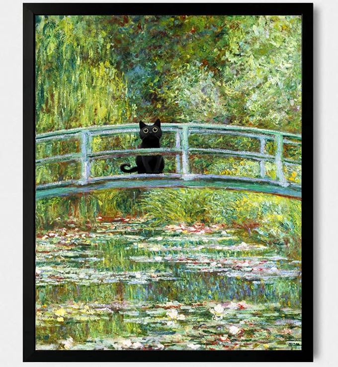 AESTHETIC CAT POSTER MONET PRINTS VINTAGE POSTERS CANVAS WALL ART FUNNY WATER LILIES CAT POSTERS DECOR FOR BEDROOM BATHROOM LIVING ROOM SIZE 8X10X1PCS