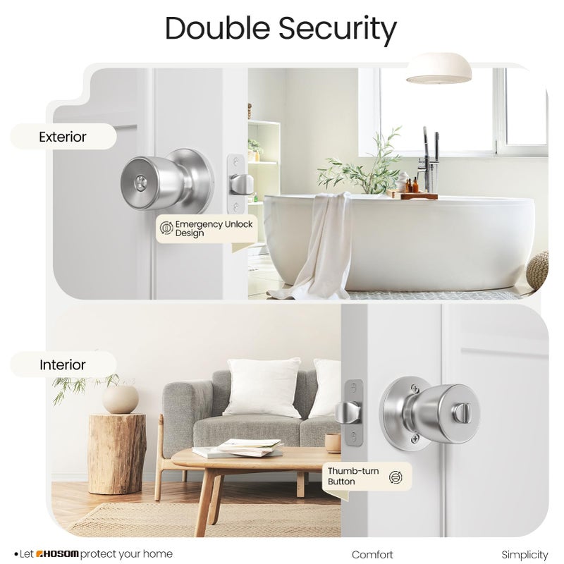 HOSOM Privacy Door Knob with Lock, Interior Door Knob for Bedroom and Bathroom, Keyless Doorknob with Round Ball, Satin Nickel Door Knob Lock, Interior Door Handle - Image 4