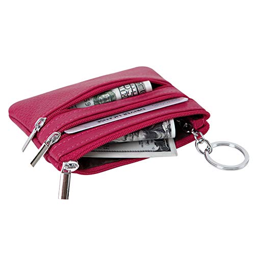 Cynure Women's Genuine Leather Coin Purse Mini Pouch Change Wallet with Keychain,rose - Image 4